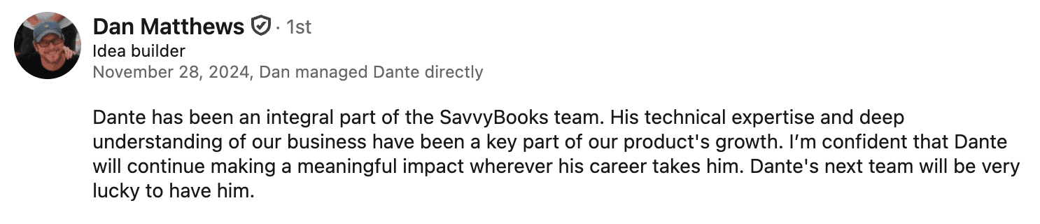 LinkedIn recommendation from Dan Matthews (SavvyBooks)